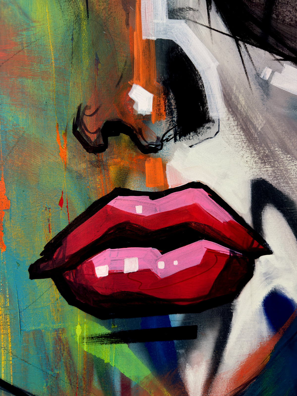 Amani detail: glossy red lips where her face meets the shadow self