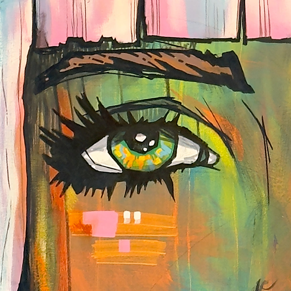 Amani detail: close-up of her eye, acrylic and aerosol on canvas by Zon Carvalho