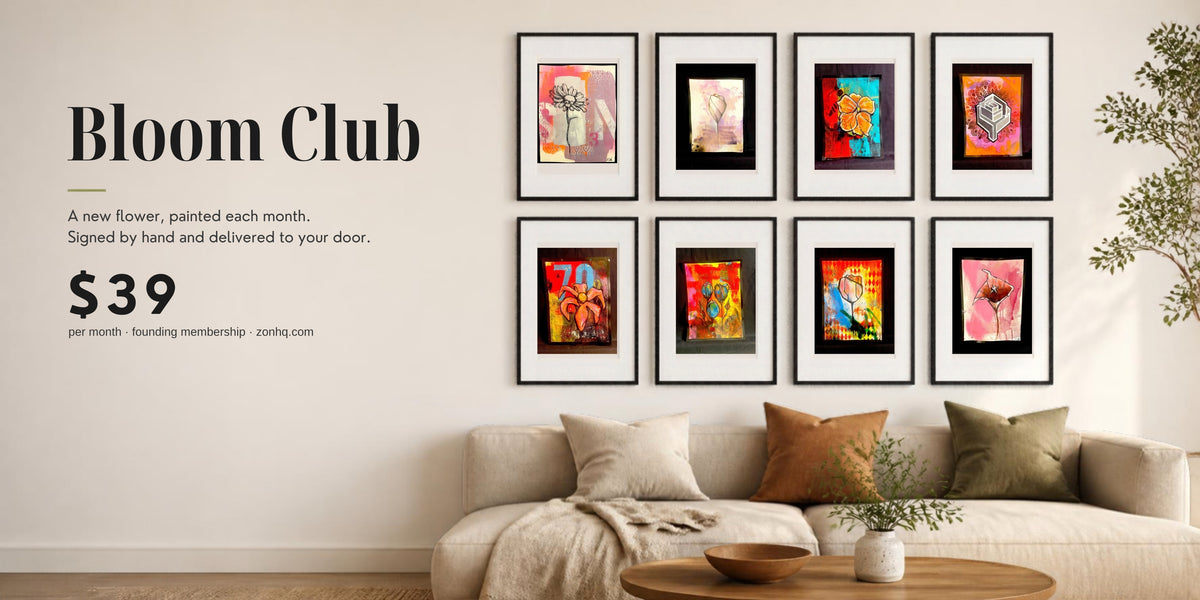 Bloom Club — eight ZON flower prints framed above a sofa, $39 per month